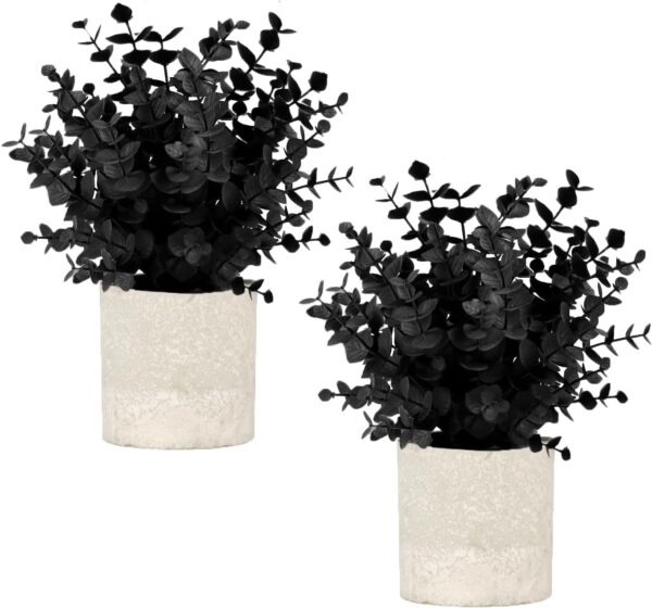 Velener 2 PCS Small Fake Eucalyptus Plant Artificial Potted Plants Indoor for Christmas Decor Indoor Realistic Faux Plant for Office, Bathroom, Living Room, Desk, Shelf, Home Decor (Black) 1
