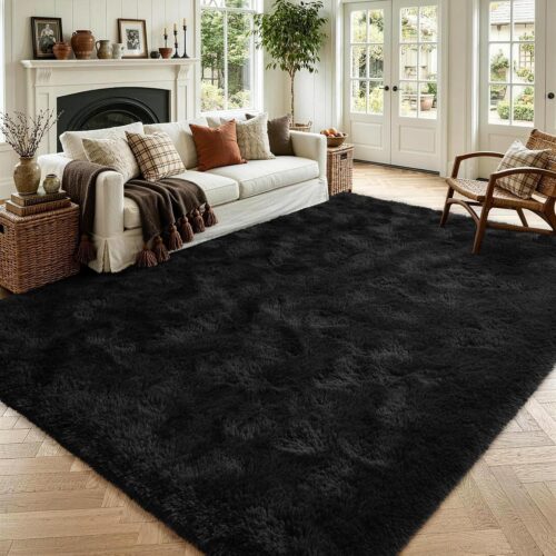 WF9258MAX_1 4x6 Black Area Rug for Bedroom Living Room Dining Room, Fluffy Shag Soft Plush Furry Carpet Solid Color, Non-Slip Indoor Floor Mat for Kids Home Decor