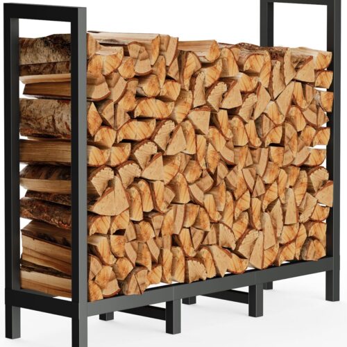 WF9562MAX_1 4ft Outdoor Firewood Rack Holder with 8 Support Legs for Fire Wood Pile Storage, Adjustable Heavy Duty Log Stacker Stand Organizer, Black
