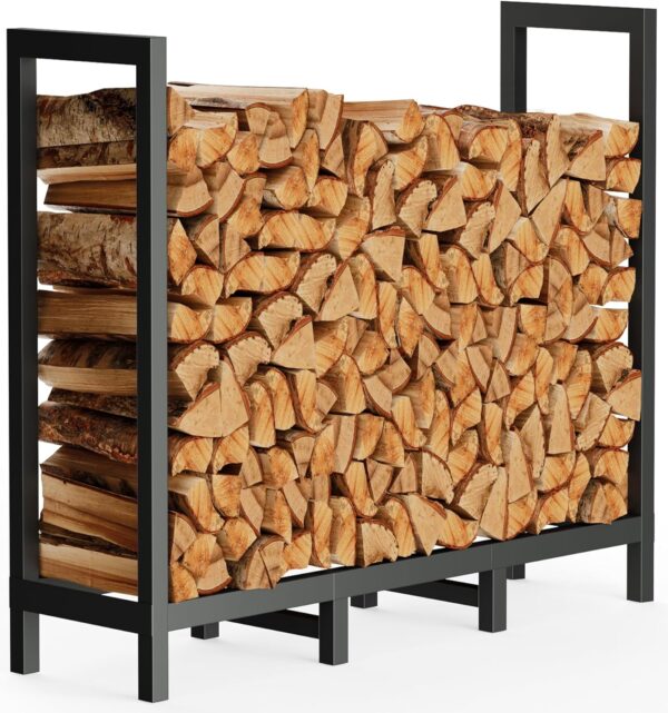 4ft Outdoor Firewood Rack Holder with 8 Support Legs for Fire Wood Pile Storage, Adjustable Heavy Duty Log Stacker Stand Organizer, Black 1