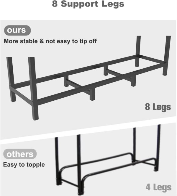 4ft Outdoor Firewood Rack Holder with 8 Support Legs for Fire Wood Pile Storage, Adjustable Heavy Duty Log Stacker Stand Organizer, Black 2