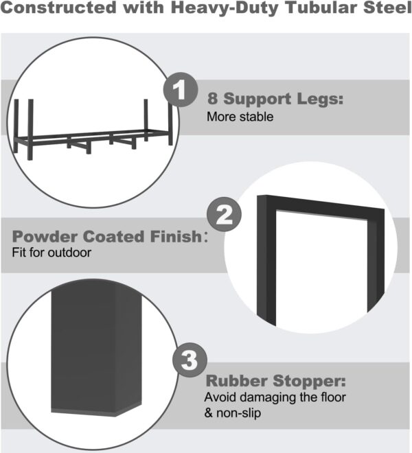4ft Outdoor Firewood Rack Holder with 8 Support Legs for Fire Wood Pile Storage, Adjustable Heavy Duty Log Stacker Stand Organizer, Black 3