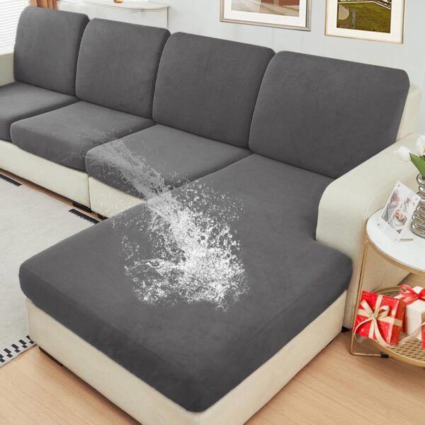 NAISI Waterproof Couch Cushion Covers Thick Velvet Fabric Washable Sofa Slipcovers Sectional Couch Covers for 4 Pieces Separate L Shape Couch Cover with Elastic Bottom(3 Seater + 1 Chaise,Grey) 1