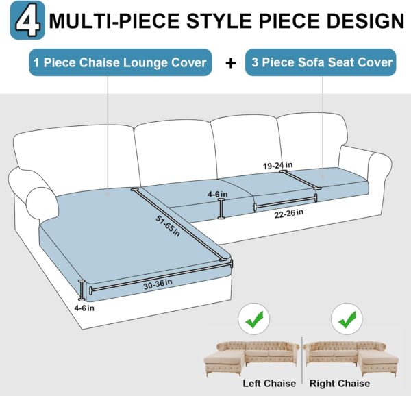 NAISI Waterproof Couch Cushion Covers Thick Velvet Fabric Washable Sofa Slipcovers Sectional Couch Covers for 4 Pieces Separate L Shape Couch Cover with Elastic Bottom(3 Seater + 1 Chaise,Grey) 2
