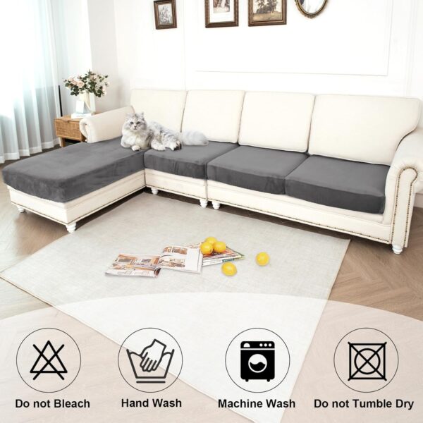 NAISI Waterproof Couch Cushion Covers Thick Velvet Fabric Washable Sofa Slipcovers Sectional Couch Covers for 4 Pieces Separate L Shape Couch Cover with Elastic Bottom(3 Seater + 1 Chaise,Grey) 4