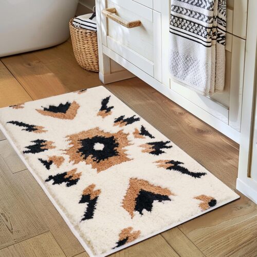 Tyrot Boho Bathroom Rugs Non Slip Washable Western Aztec Bath Mats Rugs for Bathroom Floor Fluffy Plush Soft Absorbent Farmhouse Carpet for Shower, Kitchen, Entryway, 20x32 inch