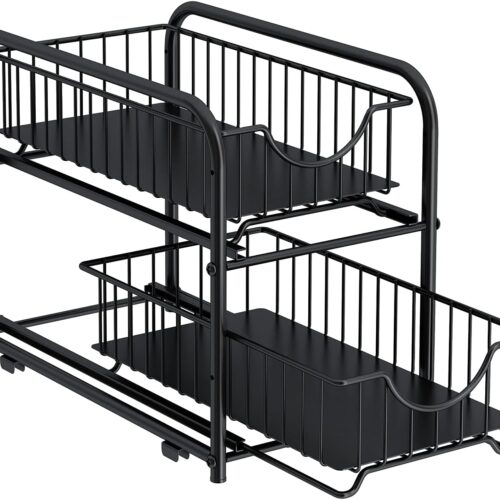 Pull-out Cabinet Organizer, Stackable 2-tier Under Sink Rack, with Sliding Storage Drawer for Pantry, and Desktop, for Bathroom, Kitchen, Office, Black