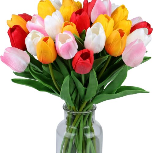 SITUMEIZI Fake Tulips 15pcs Real Touch PU Artificial Flower Assorted Colors | for Spring Kitchen Island and Dining Table Centerpieces, Wedding Bouquets, and Home Decor