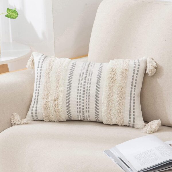 decorUhome Decorative Boho Throw Pillow Cover 12x20, Lumbar Accent Neutral Textured Tufted Pillow Cover Striped for Couch Bed Sofa, Beige and Cream White, Pack of 1 1