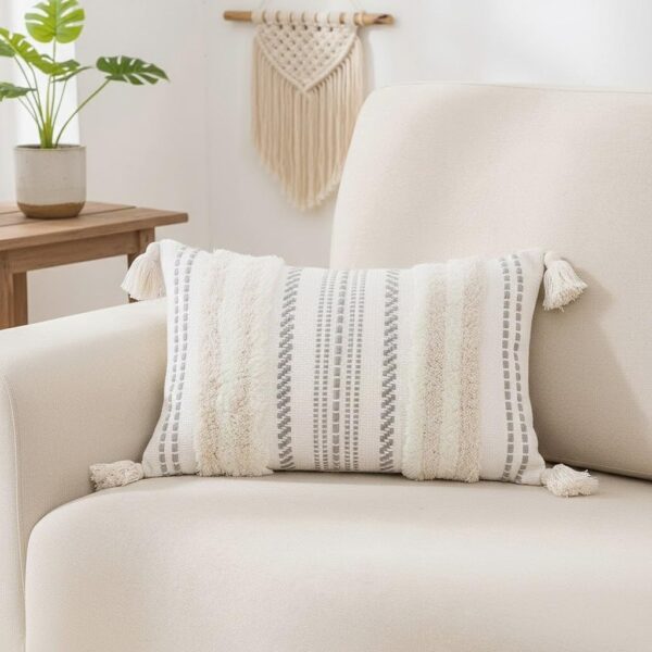 decorUhome Decorative Boho Throw Pillow Cover 12x20, Lumbar Accent Neutral Textured Tufted Pillow Cover Striped for Couch Bed Sofa, Beige and Cream White, Pack of 1 3