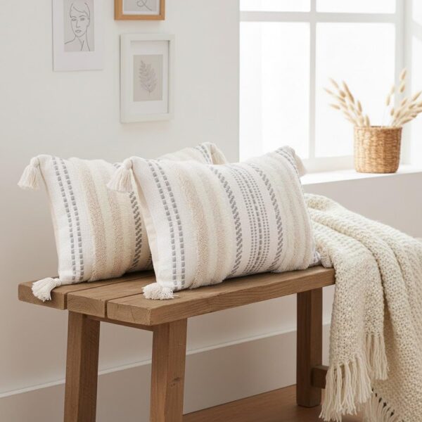 decorUhome Decorative Boho Throw Pillow Cover 12x20, Lumbar Accent Neutral Textured Tufted Pillow Cover Striped for Couch Bed Sofa, Beige and Cream White, Pack of 1 4