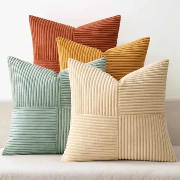 MIULEE Fall Teal Orange Decorative Throw Pillow Covers 18x18 Inch Set of 4 Boho Corduroy Striped Cushion Cases Modern Farmhouse Patchwork Pillow Cases for Couch Sofa Bedroom Home Decor 1