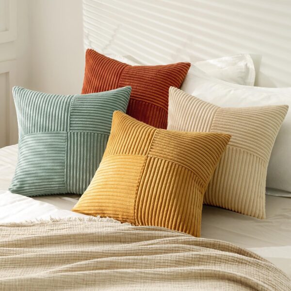 MIULEE Fall Teal Orange Decorative Throw Pillow Covers 18x18 Inch Set of 4 Boho Corduroy Striped Cushion Cases Modern Farmhouse Patchwork Pillow Cases for Couch Sofa Bedroom Home Decor 4
