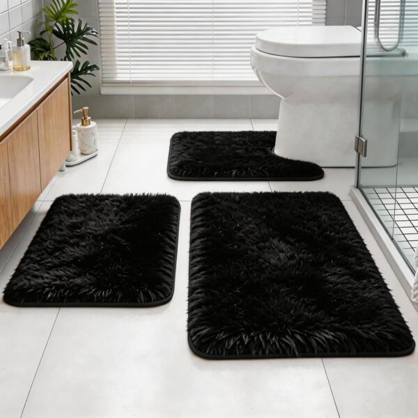 Bathroom Rugs Set Plush Velvet Bath Rugs Non-Slip Shaggy Bath Mat Set 3 Piece,Washable Mats,Absorbent Shaggy Rugs Super Soft U-Shaped Toilet Rug,Bahroom Carpets for Bathroom,Tub,Shower Black 1