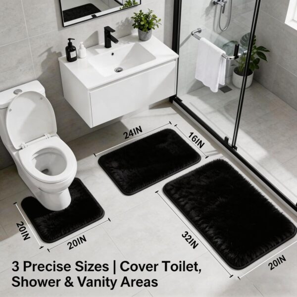 Bathroom Rugs Set Plush Velvet Bath Rugs Non-Slip Shaggy Bath Mat Set 3 Piece,Washable Mats,Absorbent Shaggy Rugs Super Soft U-Shaped Toilet Rug,Bahroom Carpets for Bathroom,Tub,Shower Black 2