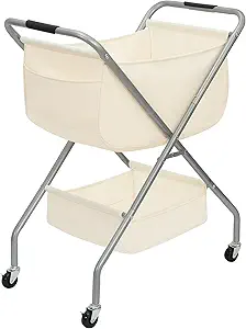 1 Collapsible Laundry Cart with Wheels 31.5"H Rolling Laundry Hamper Clothes Basket with Wheels, Canvas Liner Sturdy Steel Frame Folding for Small Narrow Space Easy Storage, Beige