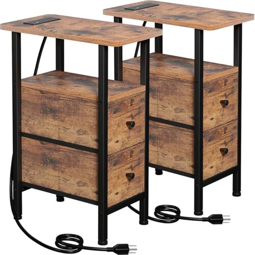 Narrow End Table with Charging Station, Side Tables Living Room