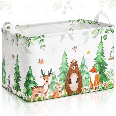 Woodland Animals Gift Storage Basket, Bear Fox Deer Collapsible Rectangular Storage Bin with Handles Clothes Doll Books Gift Baskets for Woodland Baby Shower Birthday Nursery Decor(Forest)