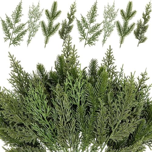 1 40 Pcs Artificial Pine Branches Assorted Faux Pine Stems Cedar Leaves Needle Sprigs Plastic Fake Christmas Greenery Pine Picks for Xmas Tree Wreaths Garlands DIY Accessories Home Decor (40, Green)