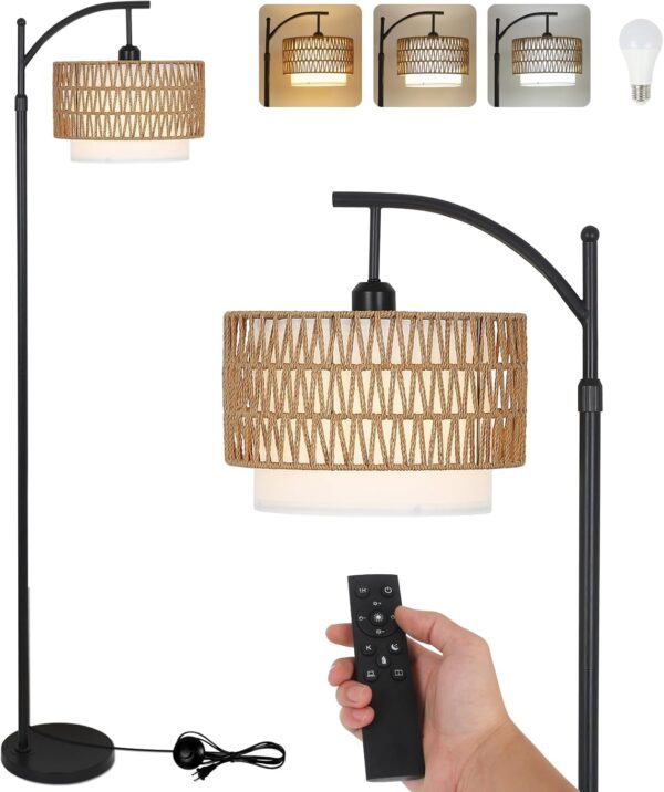 Arc Floor Lamp for Living Room with 3 Color Temperatures, Farmhouse Floor Lamps with Remote & Dimmable Bulb, Boho Standing Lamp with Rattan & Fabric Shades, Adjustable Tall Lamp for Bedroom, Office 1
