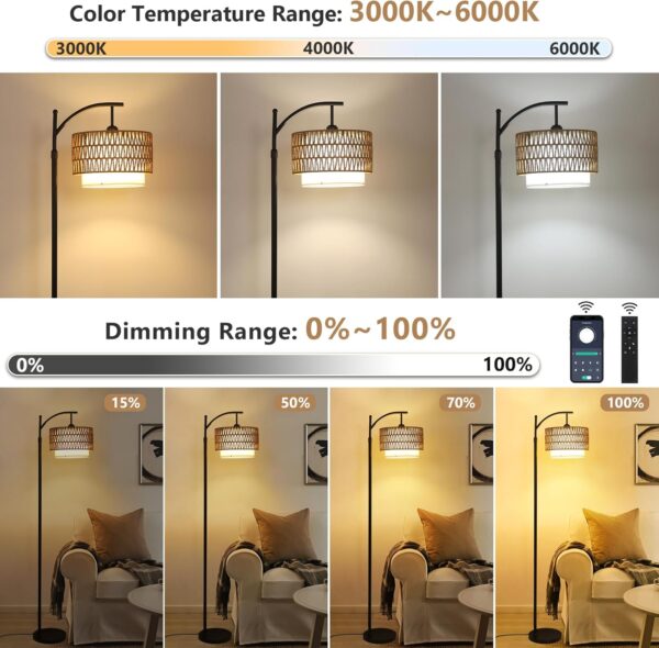 Arc Floor Lamp for Living Room with 3 Color Temperatures, Farmhouse Floor Lamps with Remote & Dimmable Bulb, Boho Standing Lamp with Rattan & Fabric Shades, Adjustable Tall Lamp for Bedroom, Office 2