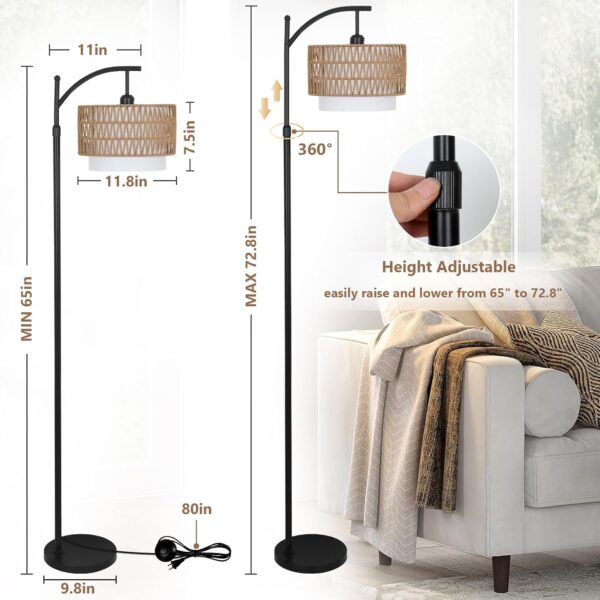 Arc Floor Lamp for Living Room with 3 Color Temperatures, Farmhouse Floor Lamps with Remote & Dimmable Bulb, Boho Standing Lamp with Rattan & Fabric Shades, Adjustable Tall Lamp for Bedroom, Office 3