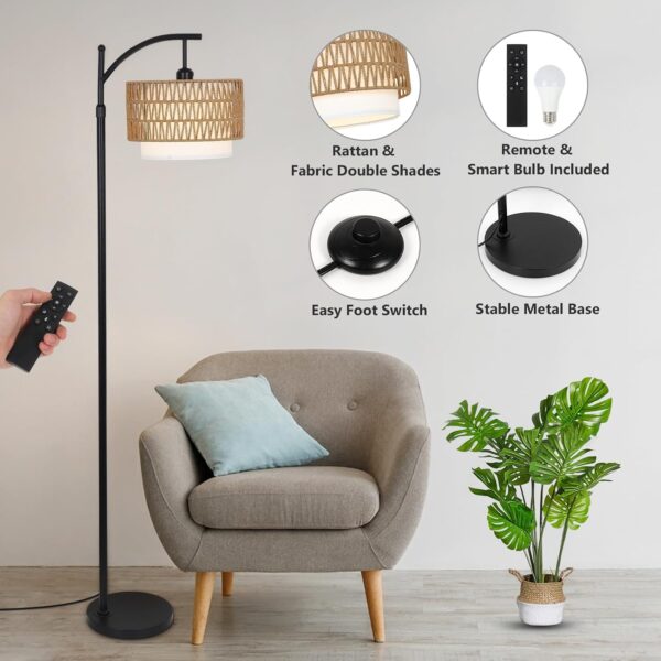 Arc Floor Lamp for Living Room with 3 Color Temperatures, Farmhouse Floor Lamps with Remote & Dimmable Bulb, Boho Standing Lamp with Rattan & Fabric Shades, Adjustable Tall Lamp for Bedroom, Office 4