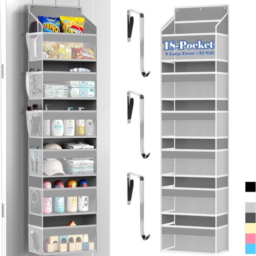 WF0860MAX_1 PAULONE 1 Pack Heavy Duty Over the Door Organizer, 6 Large + 12 Mesh Pockets with 89 lbs Capacity, Space-Saving Hanging Storage for Shoes, Toys, Bedroom & Closet (6-Layer Light Gray)