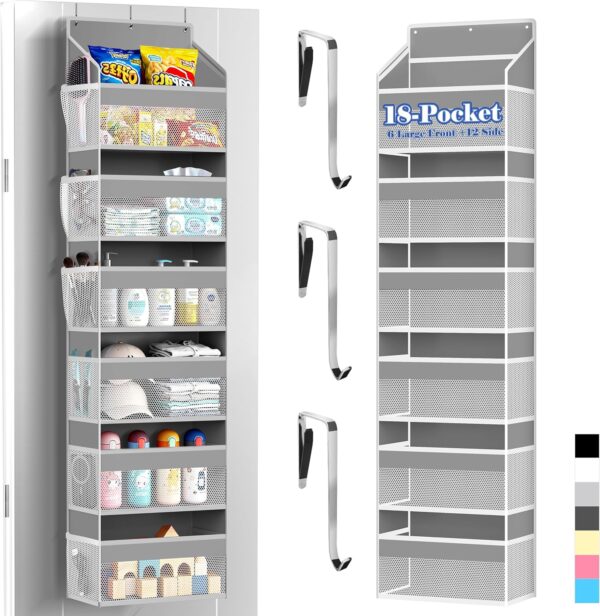 PAULONE 1 Pack Heavy Duty Over the Door Organizer, 6 Large + 12 Mesh Pockets with 89 lbs Capacity, Space-Saving Hanging Storage for Shoes, Toys, Bedroom & Closet (6-Layer Light Gray) 1