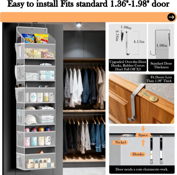 PAULONE 1 Pack Heavy Duty Over the Door Organizer, 6 Large + 12 Mesh Pockets with 89 lbs Capacity, Space-Saving Hanging Storage for Shoes, Toys, Bedroom & Closet (6-Layer Light Gray) 4