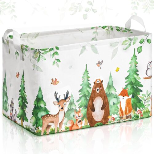 WF10887MAX_1 Buryeah Woodland Animals Gift Storage Basket, Bear Fox Deer Collapsible Rectangular Storage Bin with Handles Clothes Doll Books Gift Baskets for Woodland Baby Shower Birthday Nursery Decor(Forest)
