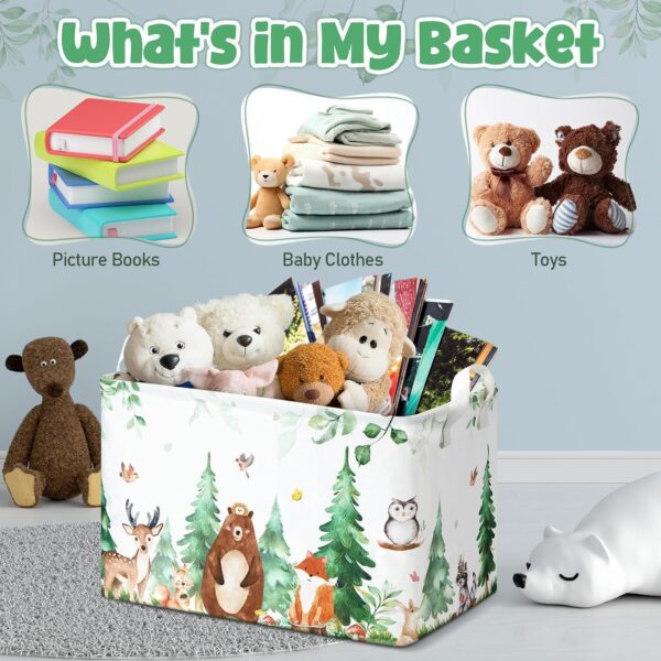 Buryeah Woodland Animals Gift Storage Basket, Bear Fox Deer Collapsible Rectangular Storage Bin with Handles Clothes Doll Books Gift Baskets for Woodland Baby Shower Birthday Nursery Decor(Forest) 4