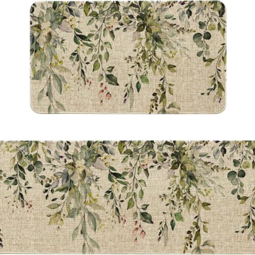 Sage Green Eucalyptus Spring Kitchen Rugs Sets of 2 Non Slip Washable, Botanical Leaves Summer Spring Kitchen Mats for Floor 2 Piece Home Decor