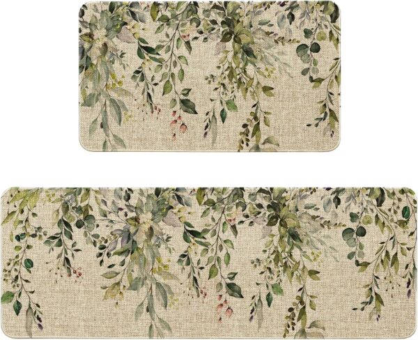 Sage Green Eucalyptus Spring Kitchen Rugs Sets of 2 Non Slip Washable, Botanical Leaves Summer Spring Kitchen Mats for Floor 2 Piece Home Decor 1