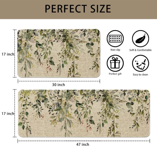 Sage Green Eucalyptus Spring Kitchen Rugs Sets of 2 Non Slip Washable, Botanical Leaves Summer Spring Kitchen Mats for Floor 2 Piece Home Decor 3