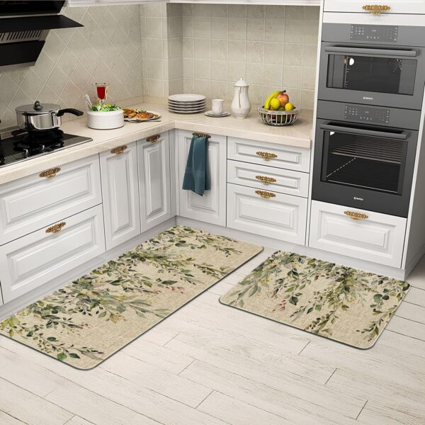 Sage Green Eucalyptus Spring Kitchen Rugs Sets of 2 Non Slip Washable, Botanical Leaves Summer Spring Kitchen Mats for Floor 2 Piece Home Decor 4