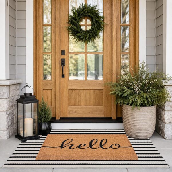 Front Door Mat Combo Set, Hello 100% Coco Coir Welcome Doormat + 28" x 43" Layered Buffalo Black and White Striped Rug, Spring Thanksgiving Porch Entryway Decor Indoor Outdoor Floor Mats 1