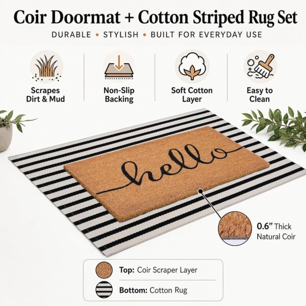 Front Door Mat Combo Set, Hello 100% Coco Coir Welcome Doormat + 28" x 43" Layered Buffalo Black and White Striped Rug, Spring Thanksgiving Porch Entryway Decor Indoor Outdoor Floor Mats 3