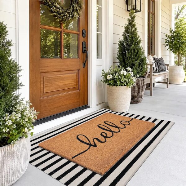 Front Door Mat Combo Set, Hello 100% Coco Coir Welcome Doormat + 28" x 43" Layered Buffalo Black and White Striped Rug, Spring Thanksgiving Porch Entryway Decor Indoor Outdoor Floor Mats 4