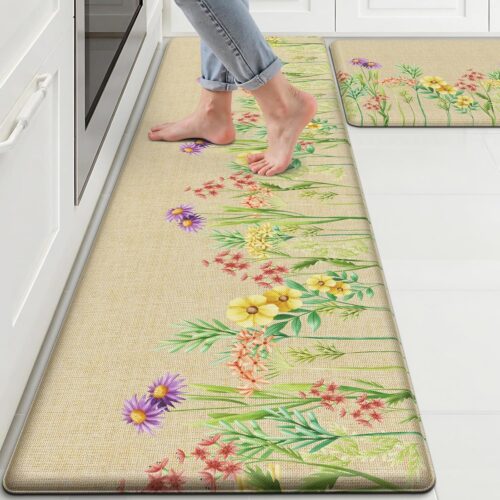WF11437MAX_1 Floral Kitchen Mats Set of 2, Anti Fatigue Water-Absorbent Floor Rugs | Non Slip Cushioned Standing Mats with Easy Clean Surface for Kitchen, Home, Office, Laundry Room Decor, 17.3"×59"+17.3"×30"