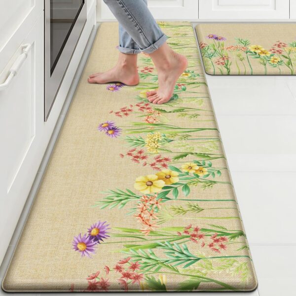 Floral Kitchen Mats Set of 2, Anti Fatigue Water-Absorbent Floor Rugs | Non Slip Cushioned Standing Mats with Easy Clean Surface for Kitchen, Home, Office, Laundry Room Decor, 17.3"×59"+17.3"×30" 1