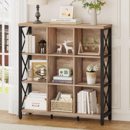 FATORRI Bookshelf and Bookcase, Farmhouse 9 Cube Storage Organizer