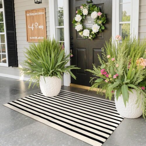 KIMODE Front Door Mat Outdoor Black White Fall Porch Entryway Rug Doormats | Striped, 24"x51", Farmhouse,Washable,Small Porch Entry Rug,Fall Decor Welcome Welcome Layered Door Mats,Indoor Outdoor