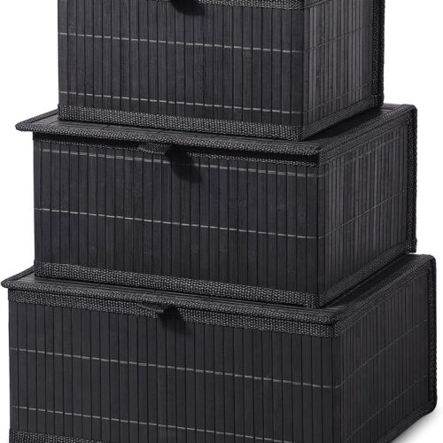 Honygebia Bamboo Decorative Storage Boxes - Set of 3 Woven Lined Storage Basket with Lids, Black Wicker Lidded Baskets for Home Kitchen Shelf Organizer Decor