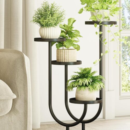 Bamworld Upgraded Outdoor Plant Stand Metal Plant Stand Indoor Corner Plant Stands 4 Pots Plant Shelf for Tall Plant Holder Black Plant Shelves for Living Room Bedroom Midcentury Modern Home Decor