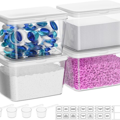 WF12439MAX_1 Vtopmart 4 Pack Laundry Pods & Detergent Container, Dryer Sheet Holder | Clear Laundry Powder Container with Lids &Labels & Scoop for Laundry Room Organization, Stackable Laundry Room Decor Bins