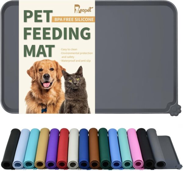 Reopet Silicone Pet Feeding Mat - Waterproof & Non-Slip Dog Cat Placemat | High Raised Edges Prevent Food & Water Spills to Protect Floors, Easy to Clean, Fit for Dog Cat Bowls 1