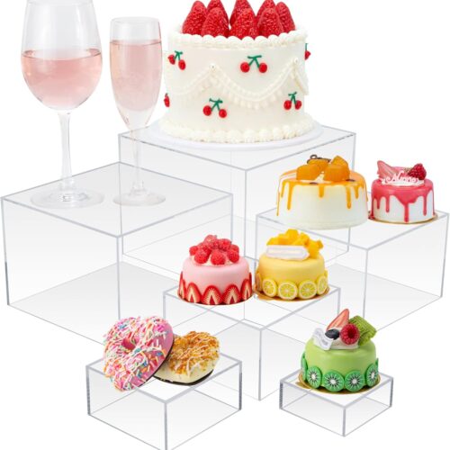 WF1262MAX_1 Cliselda 6Pcs Clear Buffet Risers Set 3" to 8" Acrylic Display Box | Food Risers for Buffet Table Party Cupcake Candy Desset Acrylic Nesting Risers Display Stands Cube Boxes with Hollow Bottoms