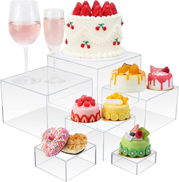 Cliselda 6Pcs Clear Buffet Risers Set 3" to 8" Acrylic Display Box | Food Risers for Buffet Table Party Cupcake Candy Desset Acrylic Nesting Risers Display Stands Cube Boxes with Hollow Bottoms 1