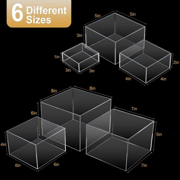 Cliselda 6Pcs Clear Buffet Risers Set 3" to 8" Acrylic Display Box | Food Risers for Buffet Table Party Cupcake Candy Desset Acrylic Nesting Risers Display Stands Cube Boxes with Hollow Bottoms 4